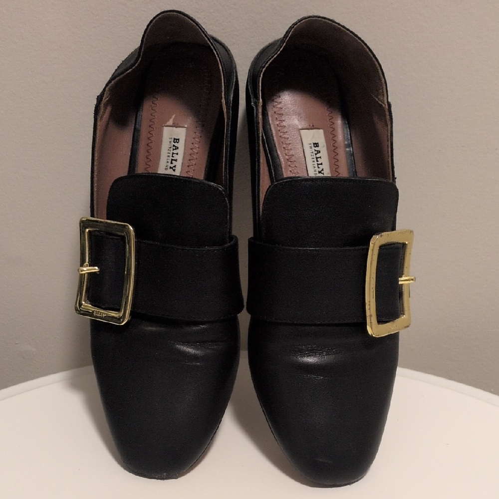 Bally Black and Gold Leather Loafers with Buckle